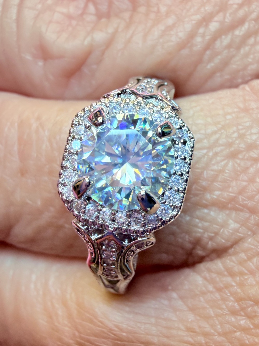 Vintage-Inspired Moissanite Ring with Halo and Gorgeous Pave' Accents